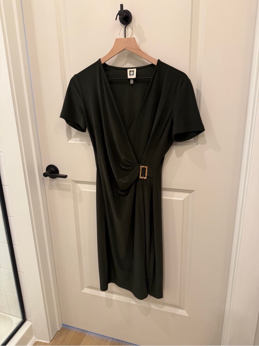 Anne Klein Olive Faux-Wrap Dress with Gold Buckle